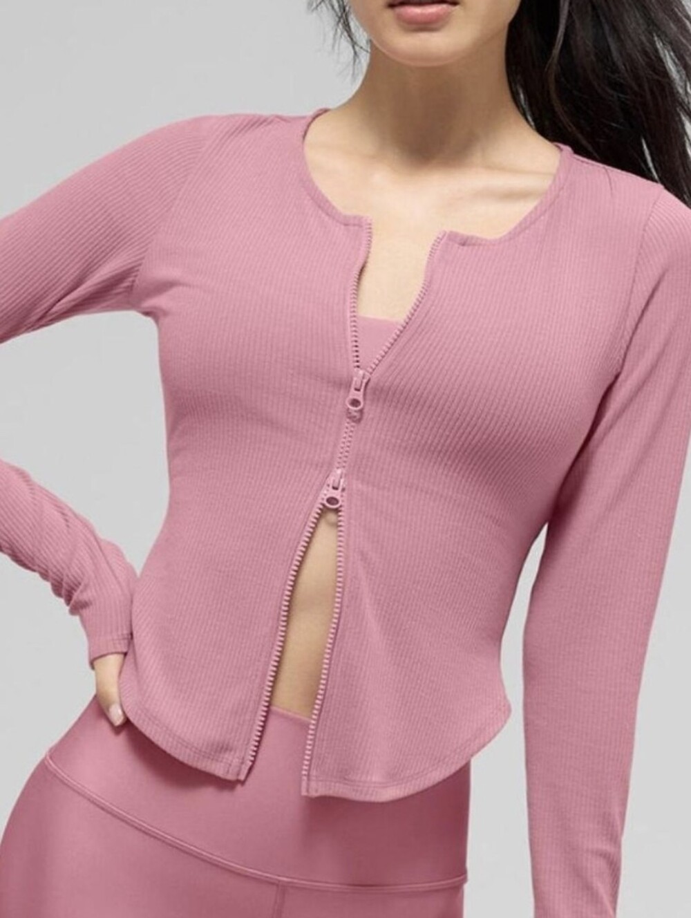 ALO Yoga Ribbed Stardust Long Sleeve Zip Cardigan Wild Rose Pink